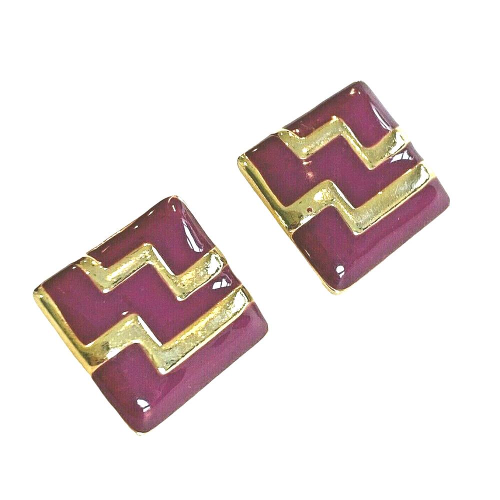 Vintage clip on earrings gold tone & berry pink enamel square chunky geometric